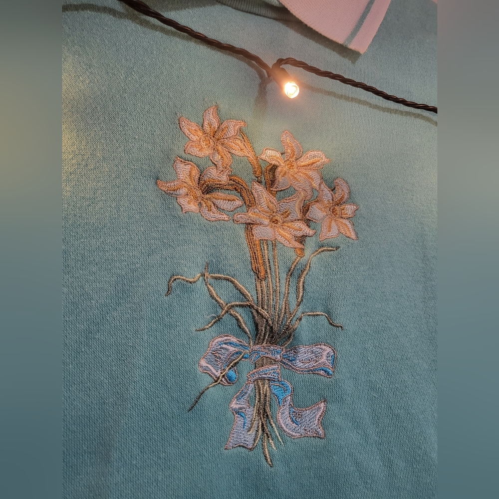 Vintage Embroidered Collared Long Sleeve Pullover Tiffany Blue - Picture 6 of 8